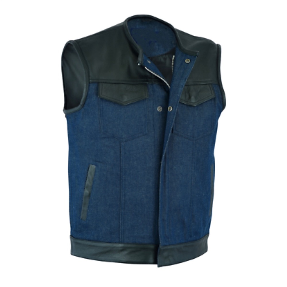 Motorcycle Mens Biker Club Blue Leather And Denim Vest Concealed Carry